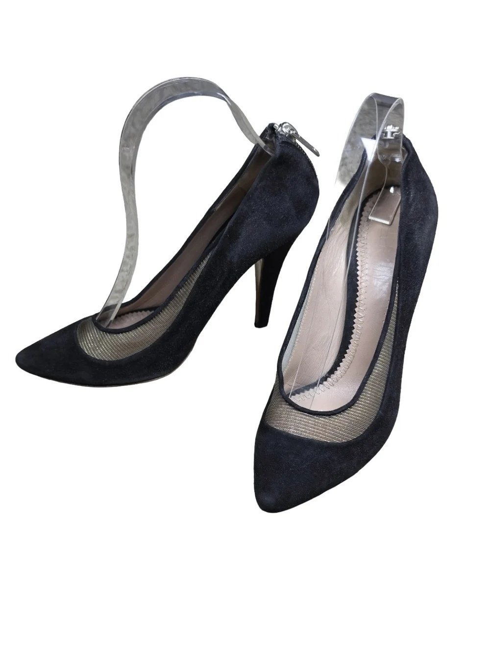 Chloé Black Suede Gold Mesh Back Zip Pointed Toe Heel Pumps 38
